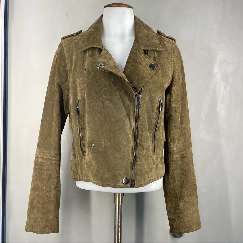 SL8 Blank Nyc Women's Green olive Suede Leather Moto Jacket Asymmetric Crop SZ M